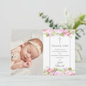 Baptism Christening Rozen Floral Foto Bedankkaart (Staand voorkant)