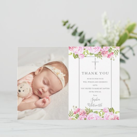 Baptism Christening Rozen Floral Foto Bedankkaart (Staand voorkant)