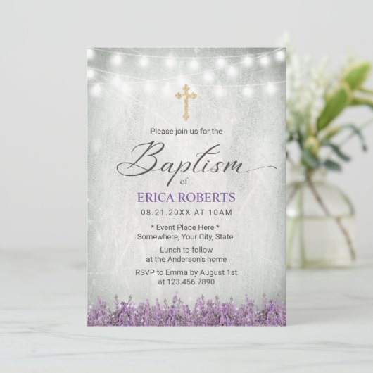 Baptism Christening Rustic Lavender Floral Kaart (Staand voorkant)