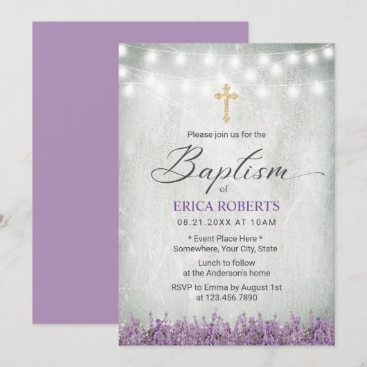 Baptism Christening Rustic Lavender Floral Kaart (Voorkant / Achterkant)