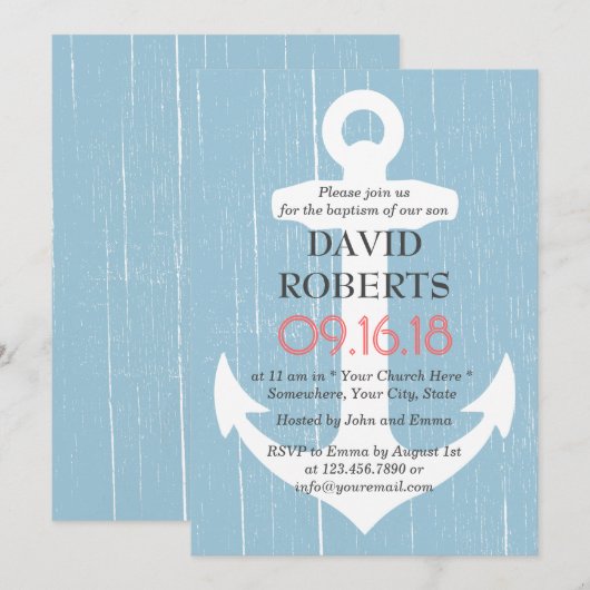 Baptism Christening Rustic Light Blue & Anchor Kaart (Voorkant / Achterkant)