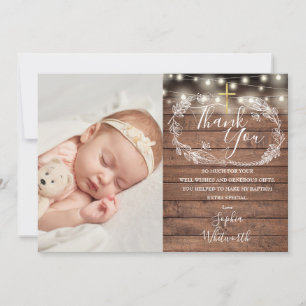 Baptism Christening Rustic String Lights Foto Bedankkaart