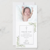 Baptism Christening Silver Greenery Foto Bedankkaart (Voorkant)