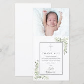 Baptism Christening Silver Greenery Foto Bedankkaart