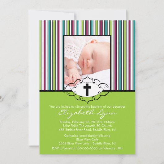 Baptism Christening Uitnodiging Foto Groene Stripe (Voorkant)