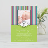 Baptism Christening Uitnodiging Foto Groene Stripe (Staand voorkant)