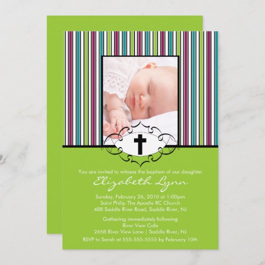 Baptism Christening Uitnodiging Foto Groene Stripe (Voorkant / Achterkant)