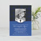 Baptism Christening Uitnodigingen Foto blauw & zwa (Staand voorkant)