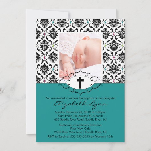 Baptism Christening Uitnodigingen Foto Damask (Voorkant)