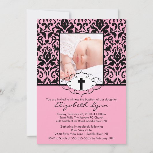 Baptism Christening Uitnodigingen Foto Damask Pink (Voorkant)