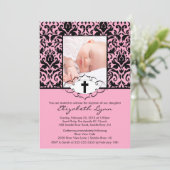 Baptism Christening Uitnodigingen Foto Damask Pink (Staand voorkant)
