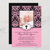Baptism Christening Uitnodigingen Foto Damask Pink (Voorkant / Achterkant)