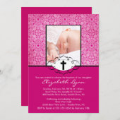 Baptism Christening Uitnodigingen Foto Roze Damask (Voorkant / Achterkant)