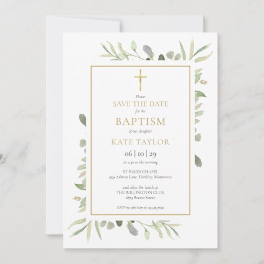 Baptism Christening Waterverf Greenery Save The Date (Voorkant)