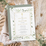 Baptism Christening Waterverf Greenery Save The Date<br><div class="desc">Met delicate bladeren van de waterverf en een elegant goudkruisbeeld,  kan deze gekke seksneutrale baptisme of het christenen sparen de date-uitnodiging worden gepersonaliseerd met uw speciale informatie,  met een zilveren achtergrond aan de achterkant. Ontworpen door: Thisnotme©</div>