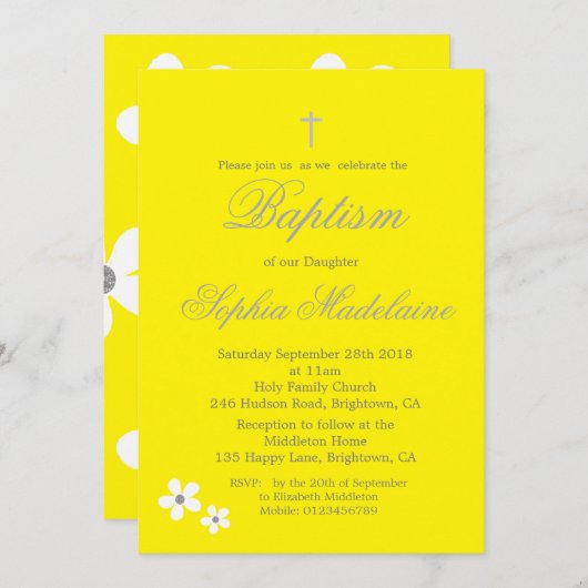Baptism Christening Yellow Daisy Silver Girl Kaart (Voorkant / Achterkant)