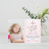 Baptism Communion Confirmation Girl Floral PHOTO Bedankkaart (Staand voorkant)