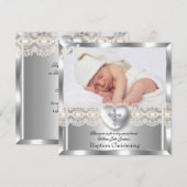 Baptism Cream Silver Photo Heart Cross Boy Girl 2 Kaart (Voorkant / Achterkant)