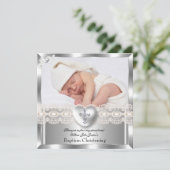 Baptism Cream Silver Photo Heart Cross Boy Girl 2 Kaart (Staand voorkant)