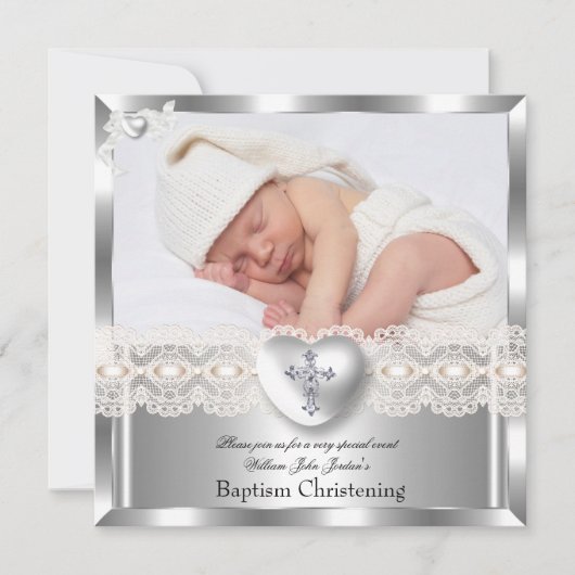 Baptism Cream Silver Photo Heart Cross Boy Girl 2 Kaart (Voorkant)
