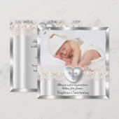 Baptism Cream Silver Photo Heart Cross Boy Girl 2 Kaart (Voorkant / Achterkant)