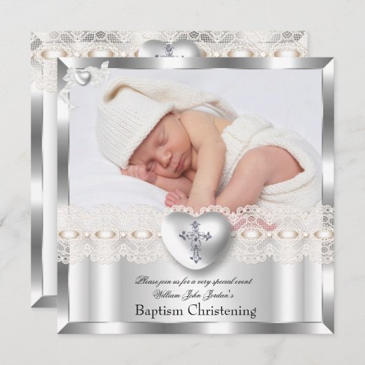 Baptism Cream Silver Photo Heart Cross Boy Girl 2 Kaart (Voorkant / Achterkant)