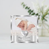 Baptism Cream Silver Photo Heart Cross Boy Girl 2 Kaart (Staand voorkant)