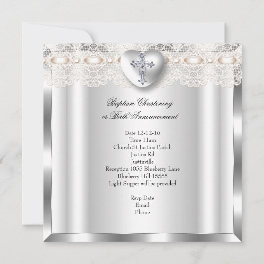 Baptism Cream Silver Photo Heart Cross Boy Girl 2 Kaart (Achterkant)