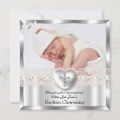 Baptism Cream Silver Photo Heart Cross Boy Girl 2 Kaart (Voorkant)