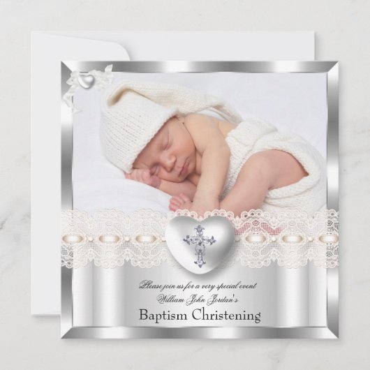 Baptism Cream Silver Photo Heart Cross Boy Girl 2 Kaart (Voorkant)