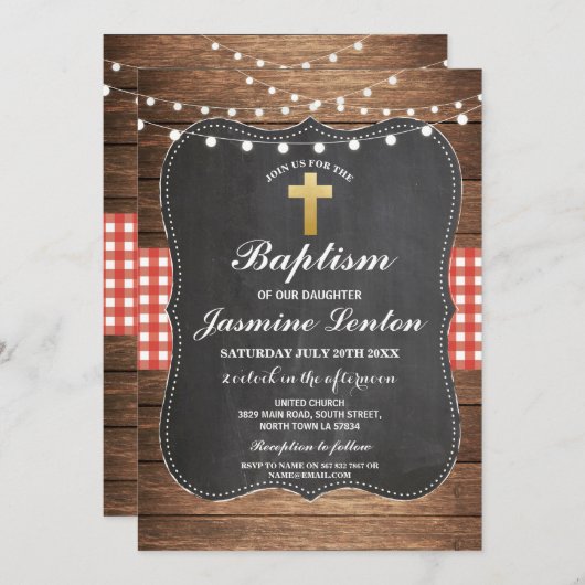 Baptism Cross Christening Red Check Gingham Chalk Kaart (Voorkant / Achterkant)