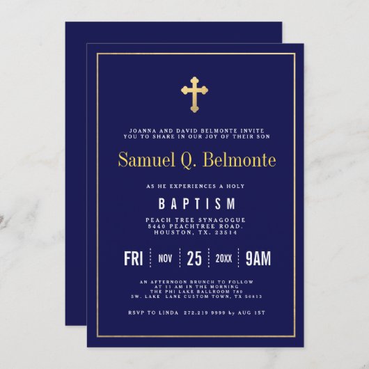 Baptism Dark Navy Invitation Kaart (Voorkant / Achterkant)