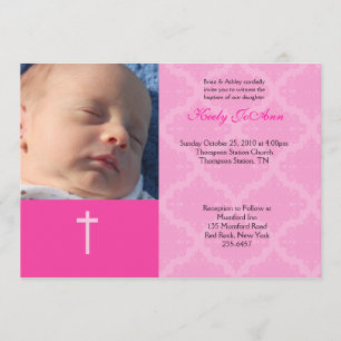 Baptism Dedication Girl Pink 5x7 Damask Foto Kaart