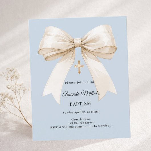 Baptism dusty blue beige bow boy invitation