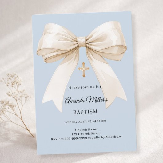 Baptism dusty blue beige bow boy kaart