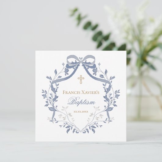 Baptism elegant blue bow kaart (Staand voorkant)