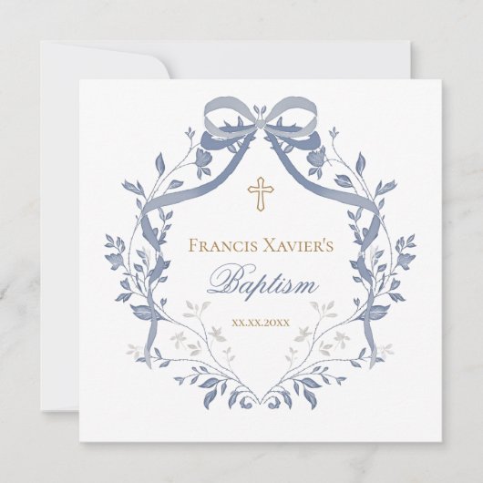 Baptism elegant blue bow kaart (Voorkant)