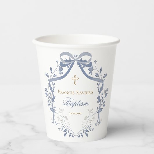 Baptism elegant blue bow papieren bekers (Voorkant)