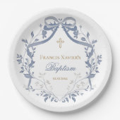 Baptism elegant blue bow papieren bordje (Voorkant)