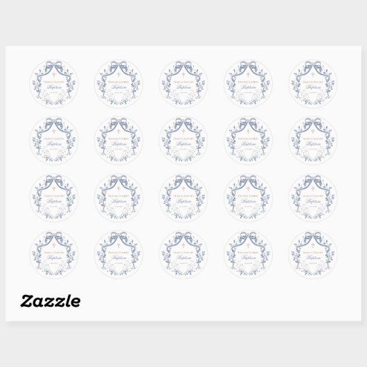 Baptism elegant blue bow ronde sticker (Vel)