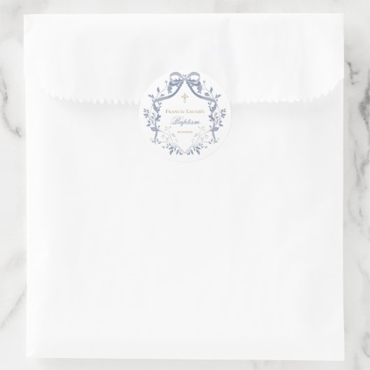 Baptism elegant blue bow ronde sticker (Tas)