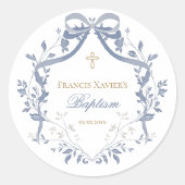 Baptism elegant blue bow ronde sticker (Voorkant)