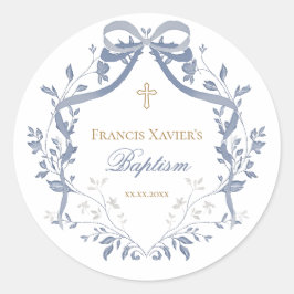 Baptism elegant blue bow ronde sticker