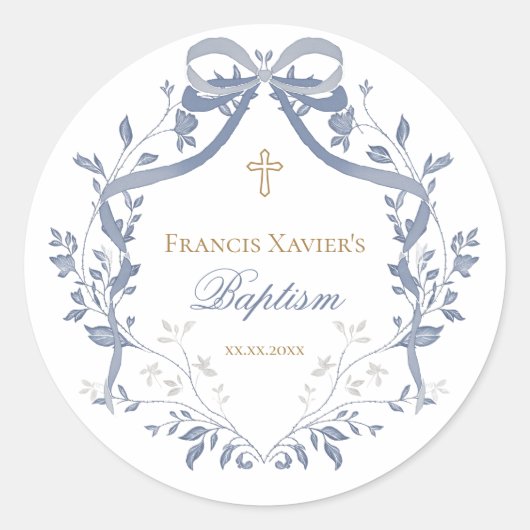 Baptism elegant blue bow ronde sticker (Voorkant)