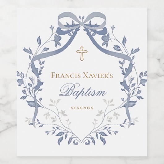 Baptism elegant blue bow wijn etiket (Enkel label)