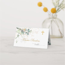 Baptism Eucalyptus Golden Floral Place card