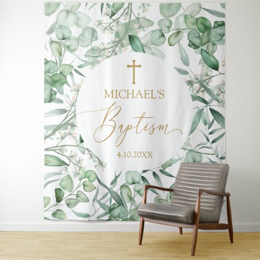 Baptism Eucalyptus greenery backdrop banner Wandkleed (In situ)