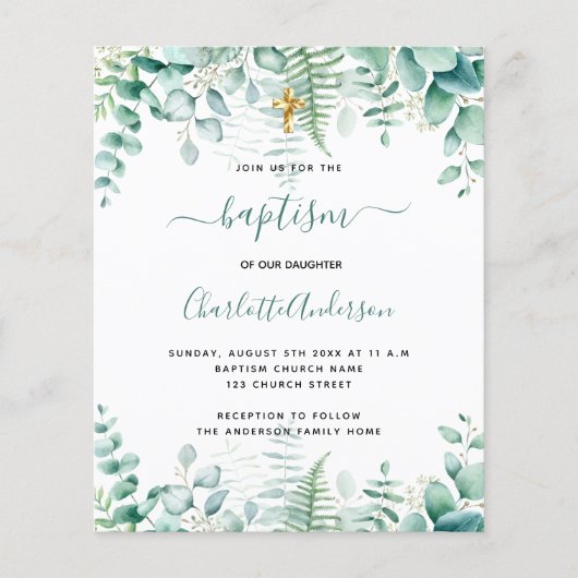 Baptism eucalyptus greenery budget uitnodiging flyer (Voorkant)