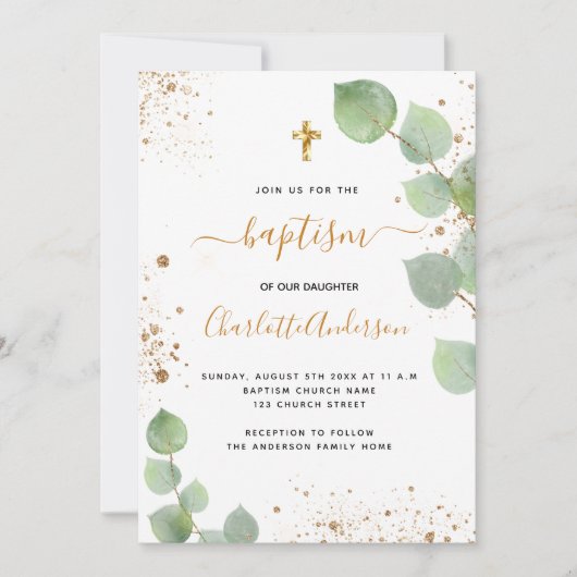 Baptism eucalyptus greenery cross script kaart (Voorkant)