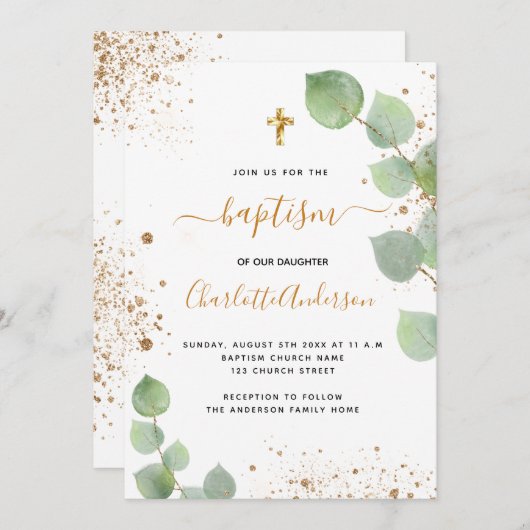 Baptism eucalyptus greenery cross script kaart (Voorkant / Achterkant)